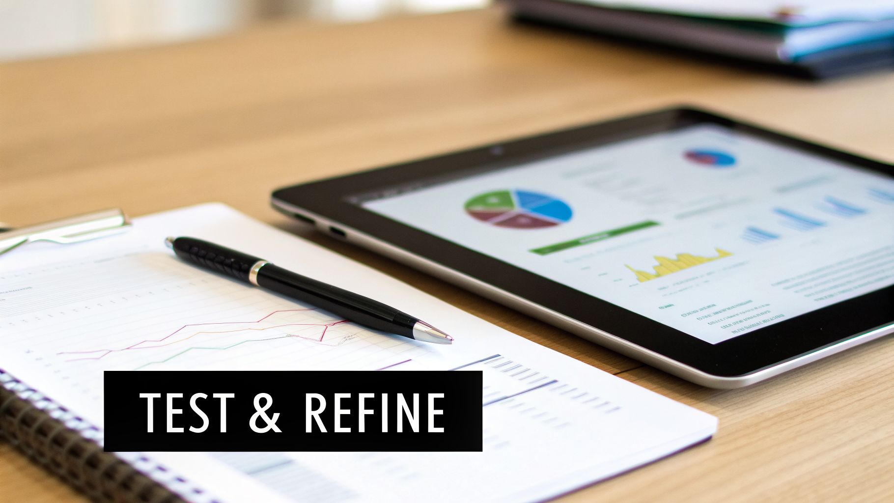 A desk with a tablet displaying data charts and a pen on a notebook with graphs. Text overlay: 'TEST & REFINE'.