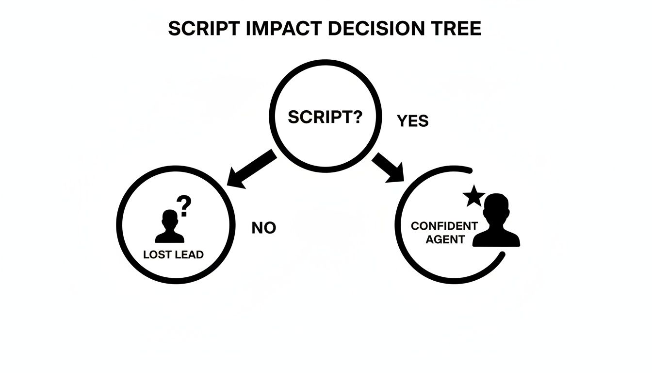A decision tree illustrating that using a script leads to a confident agent, while no script leads to a lost lead.