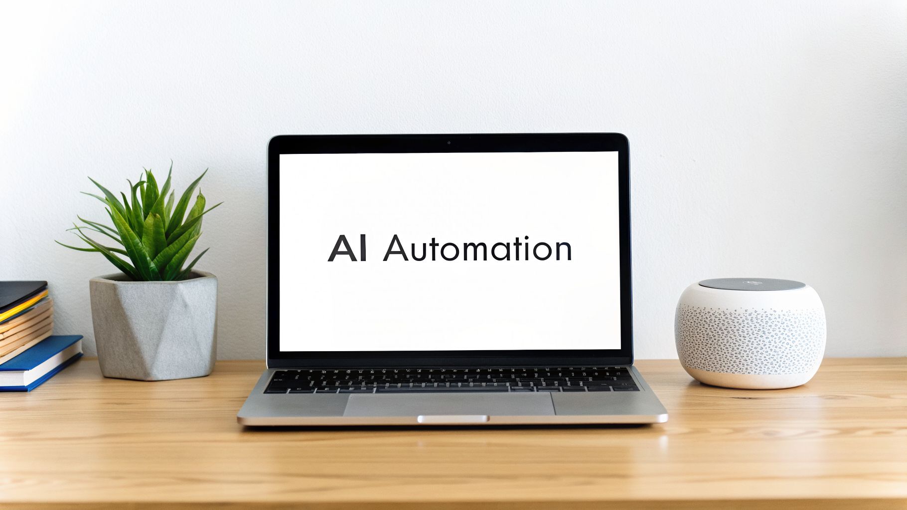 A laptop with 'AI Automation' displayed on the screen, alongside a plant and a smart speaker on a wooden desk.