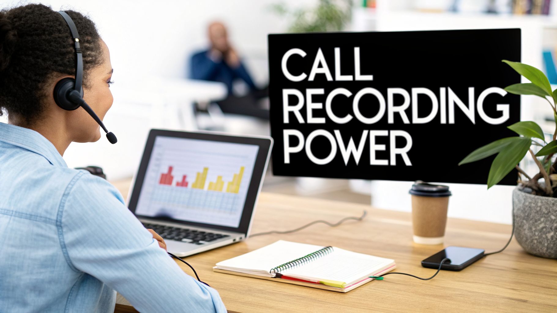 A person wearing a headset works at a desk with a laptop, notebook, and a monitor showing "CALL RECORDING POWER".
