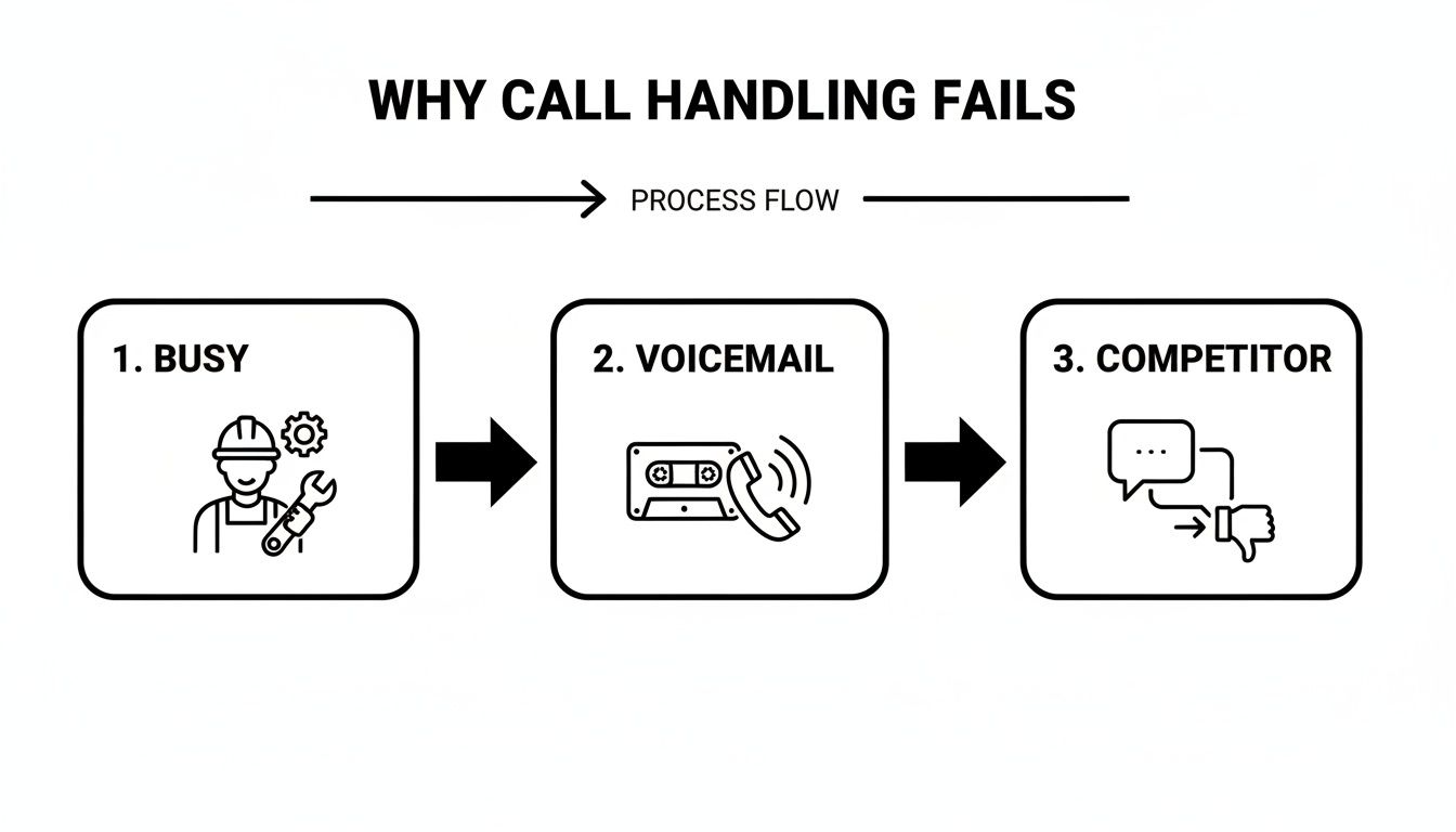 A diagram illustrates why call handling fails: busy agents lead to voicemail, losing customers to competitors.