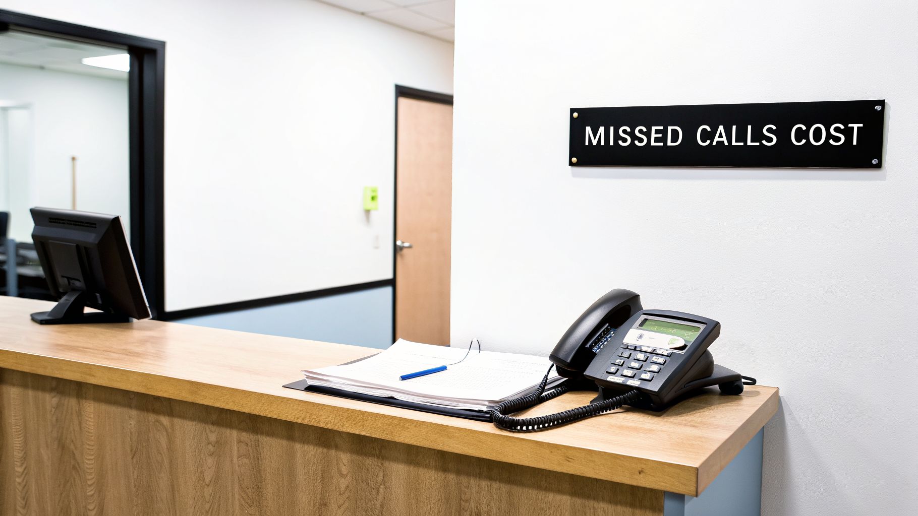 An office reception desk featuring a landline phone, computer monitor, and papers, with a 'MISSED CALLS COST' sign on the wall.
