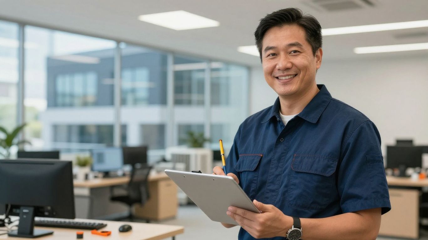 Dallas HVAC technician working in a sunny neighborhood.