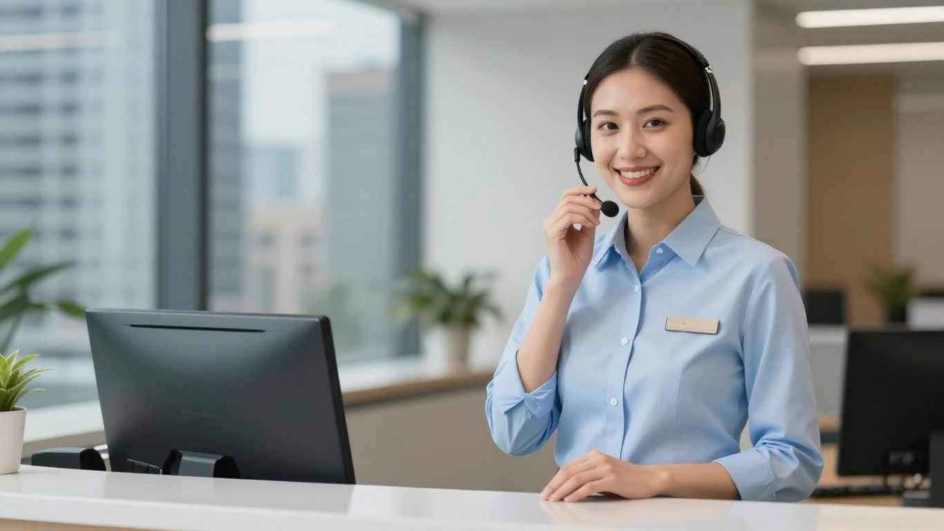 Smith.ai receptionist with headset, professional office