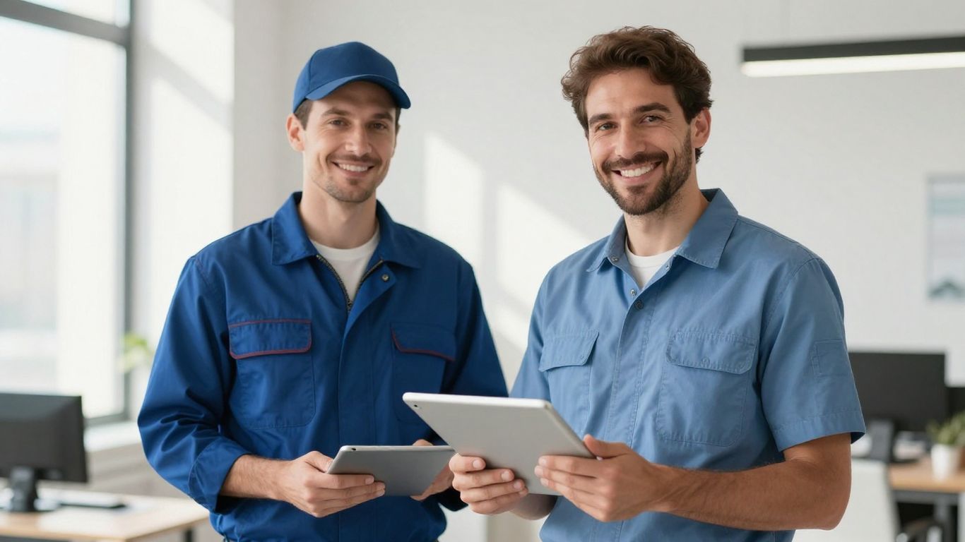 HVAC technician smiling with a tablet, ready to assist customers.