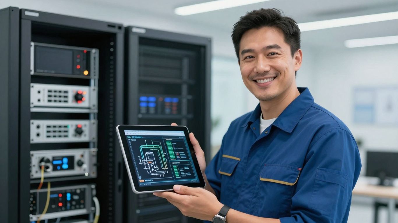 HVAC technician with tablet, advanced technology office