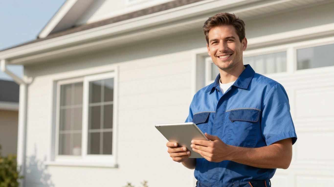 HVAC technician with tablet outside a home.