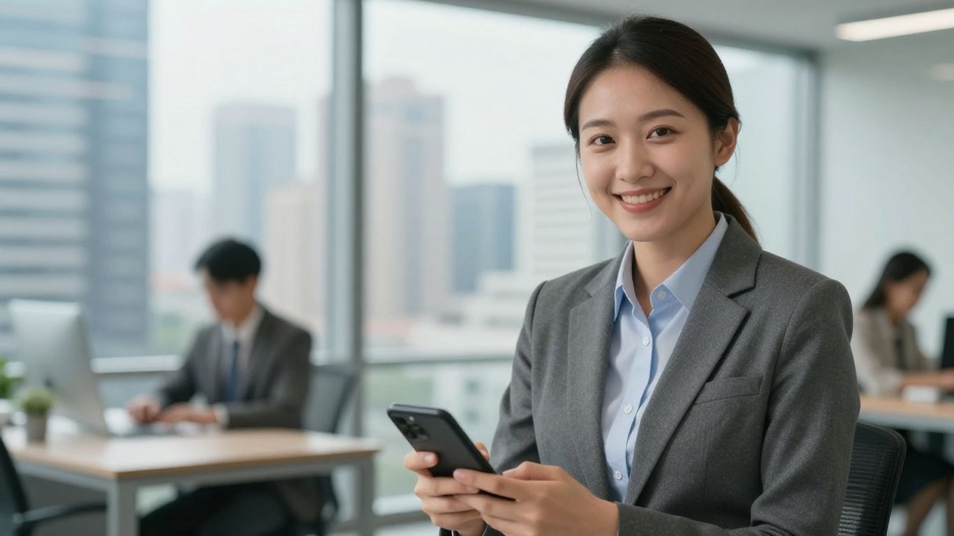 Real estate agent using a phone with city background.