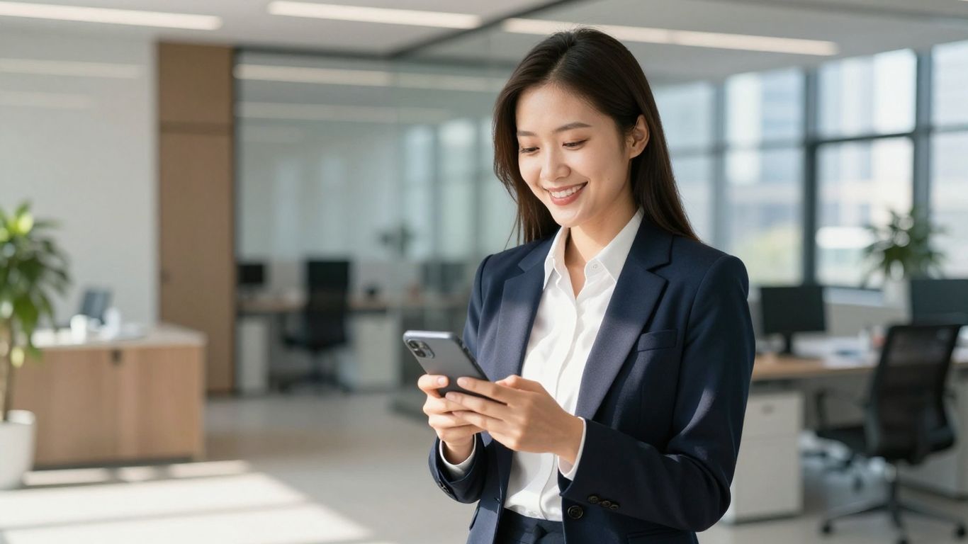 Real estate agent with phone in modern office.