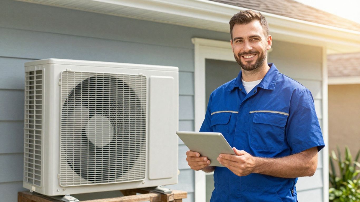 HVAC technician with tablet outside a home.
