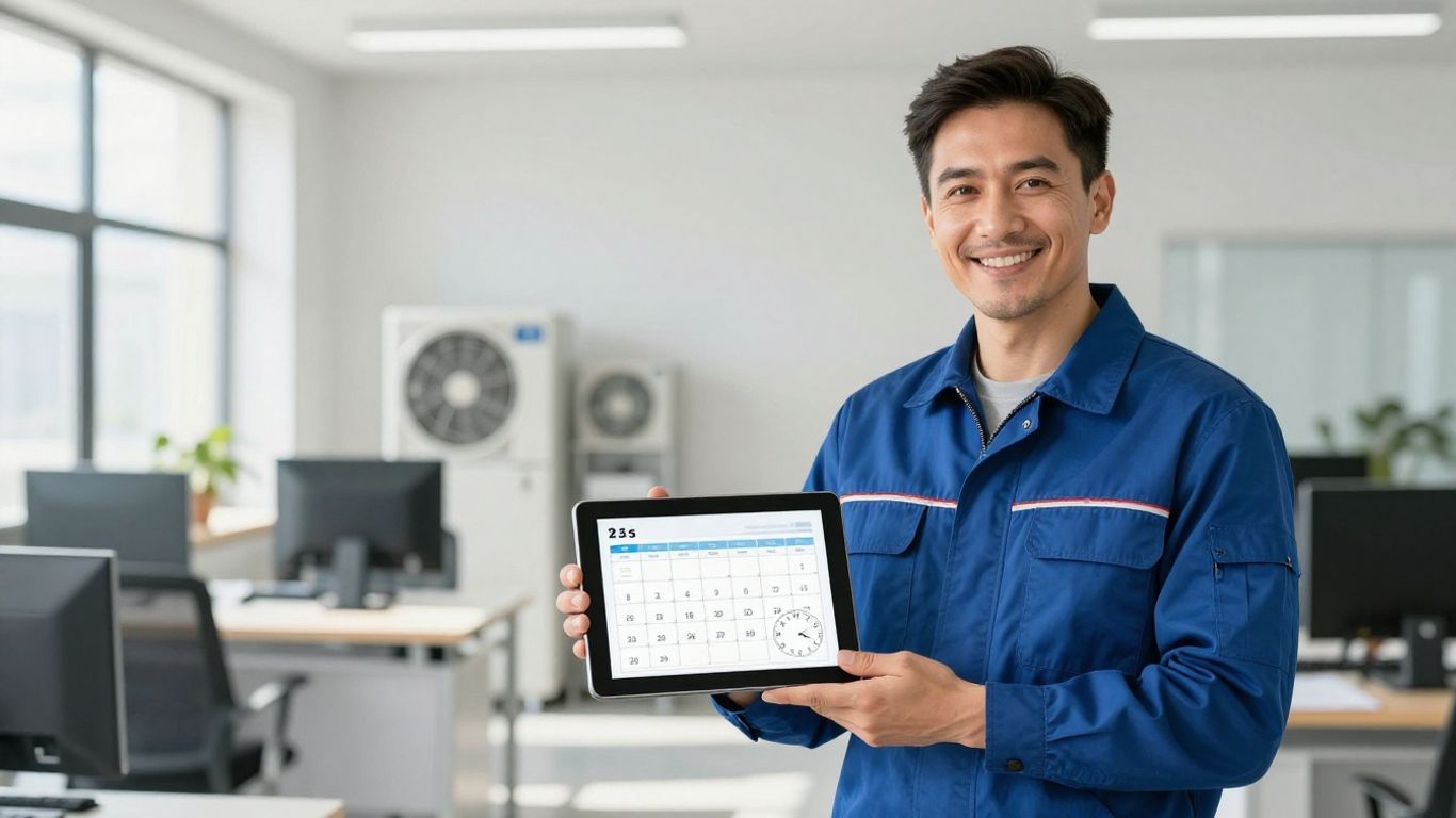 HVAC technician managing time and costs with a tablet.