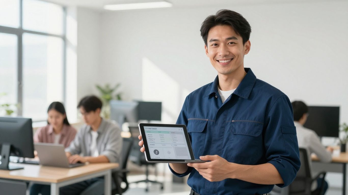 HVAC technician with tablet, call center interface visible.
