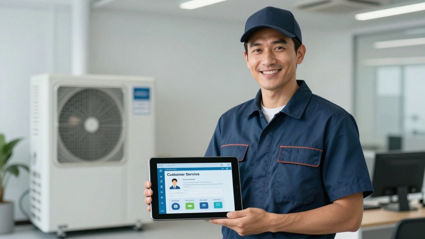 HVAC technician smiling with customer service tablet.