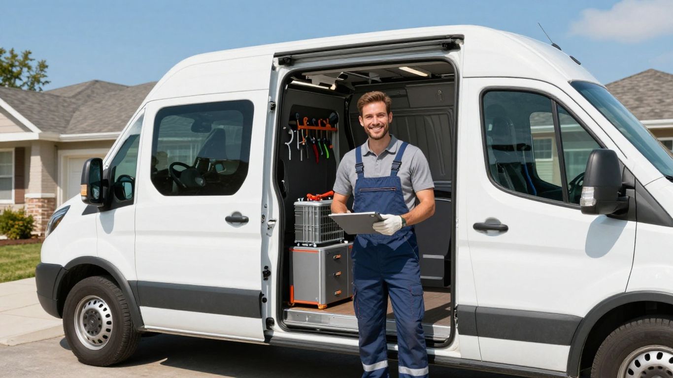 HVAC technician with service van ready to help.