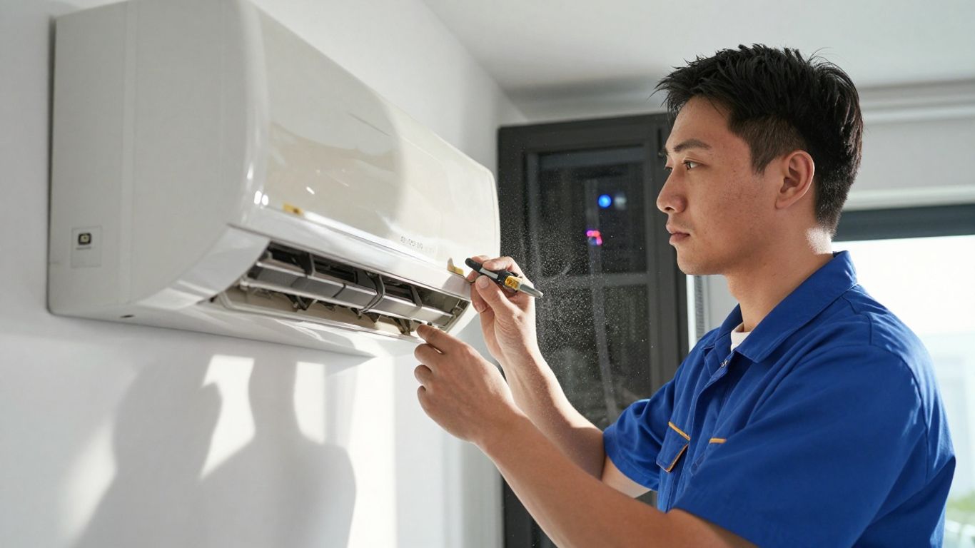 HVAC technician working on air conditioning unit.