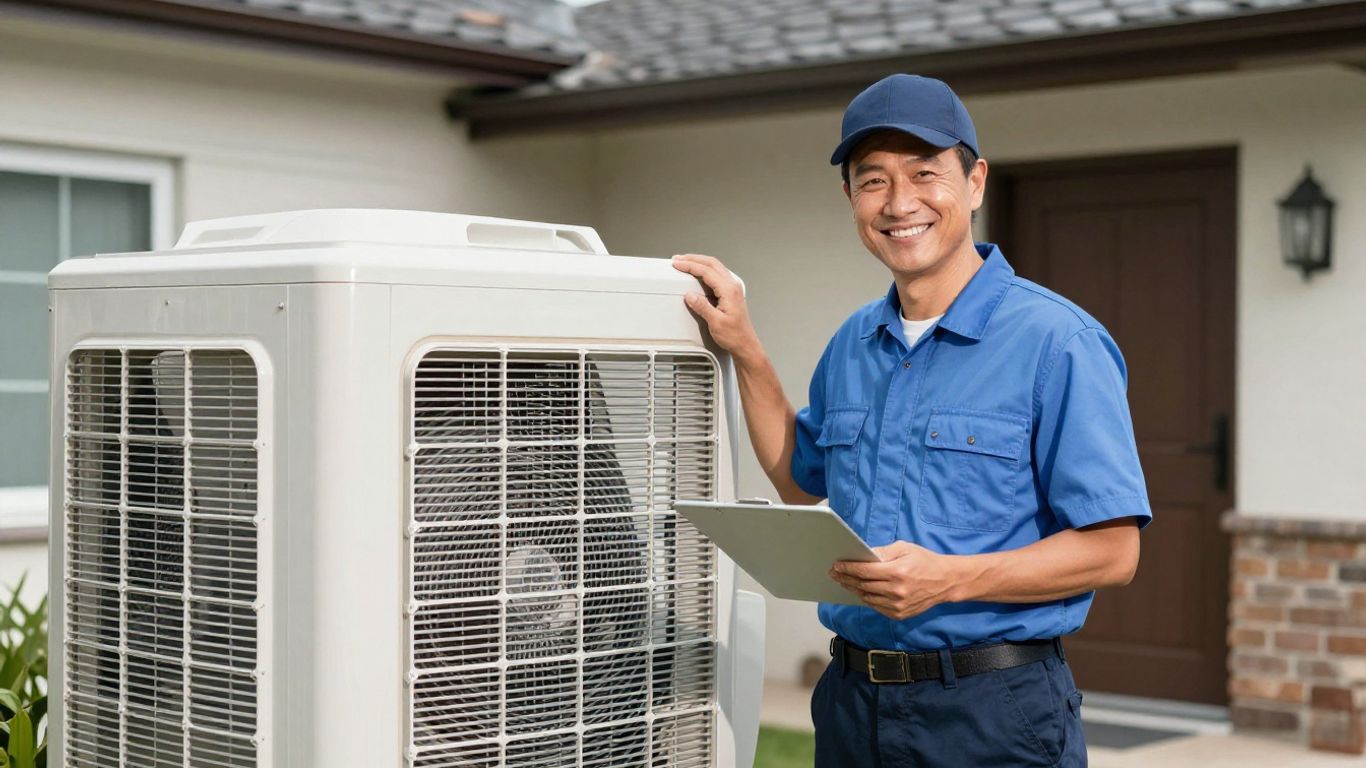 HVAC technician by air conditioner, professional and friendly.