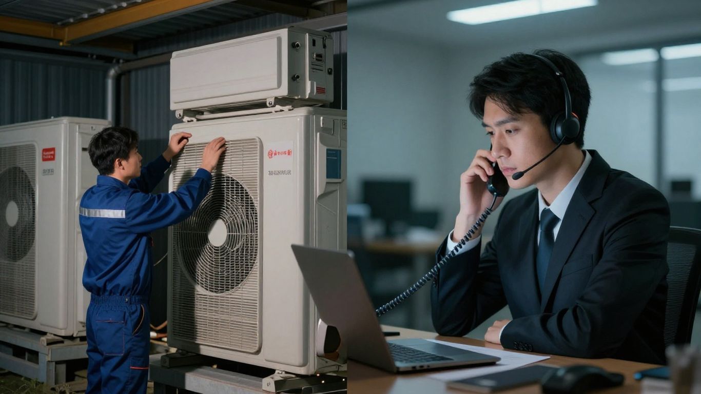 HVAC technician and call center operator working.