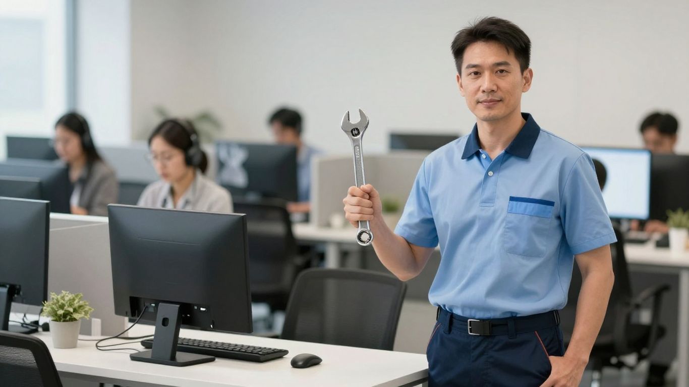 Plumber and office setting for answering service