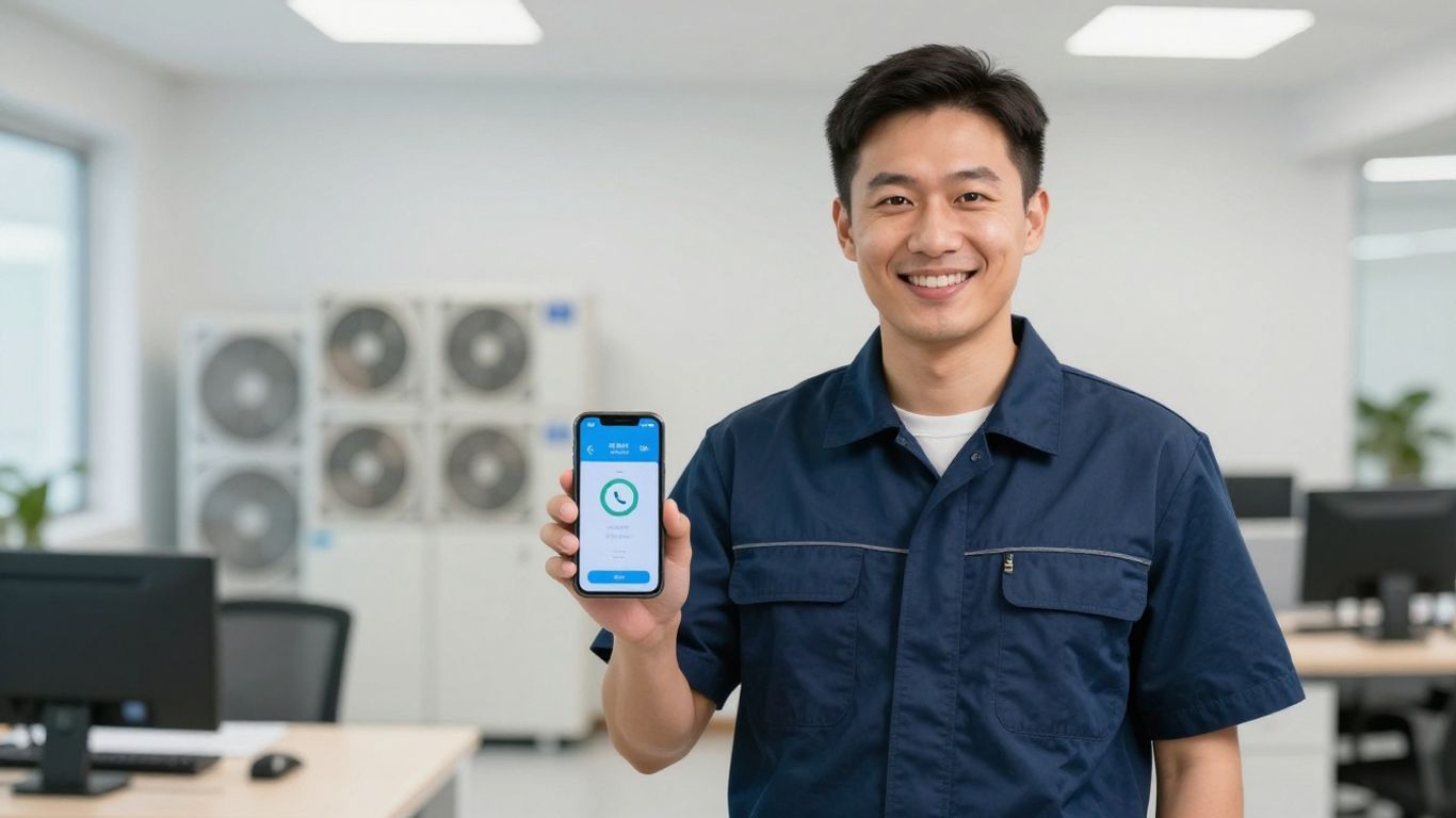 HVAC technician with smartphone, 24/7 answering service