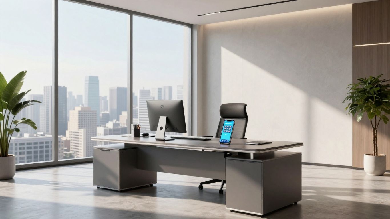 Real estate office with phone and sunlight.