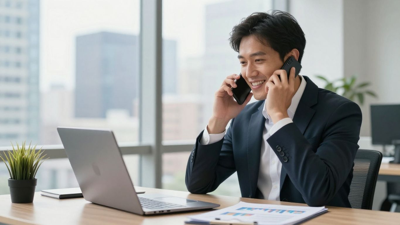 Real estate agent on phone with laptop and city view.