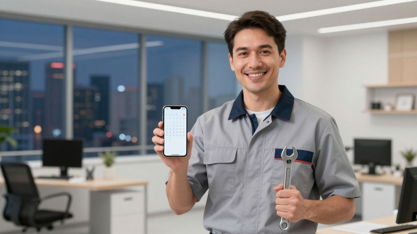 Plumber with smartphone and wrench, 24/7 service.