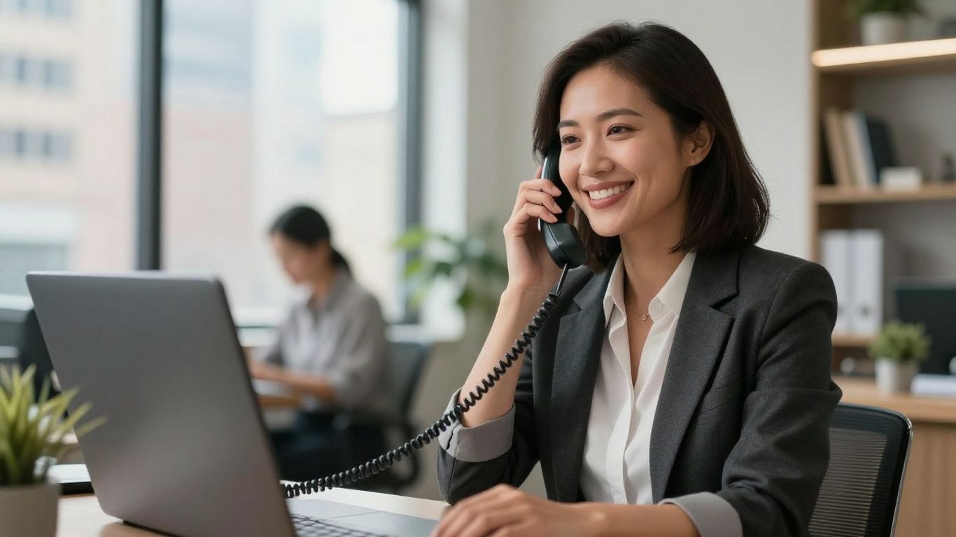 Real estate agent answering phone in Massachusetts office.