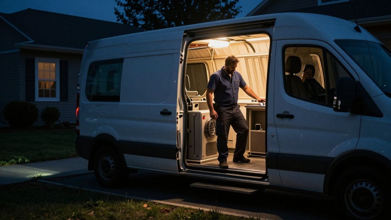 HVAC service van at night, technician taking a call.