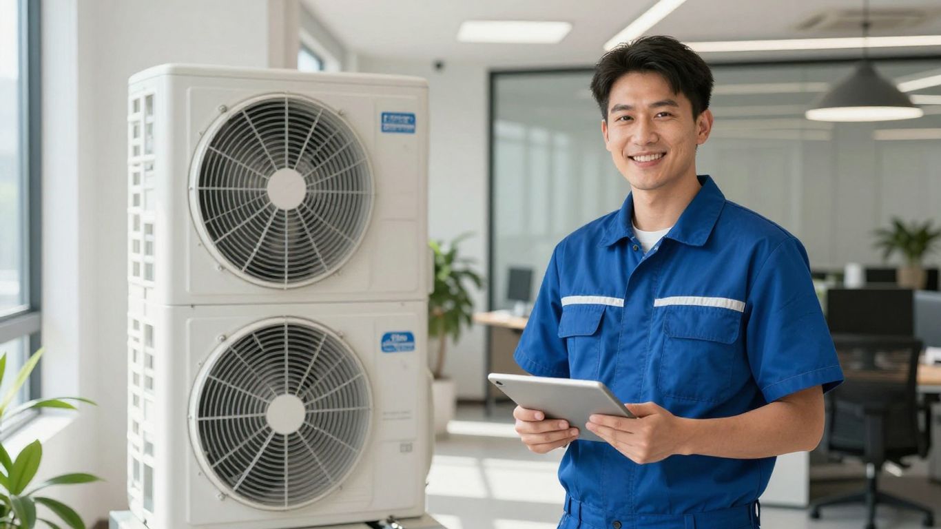 HVAC technician with tablet, efficient business operations.