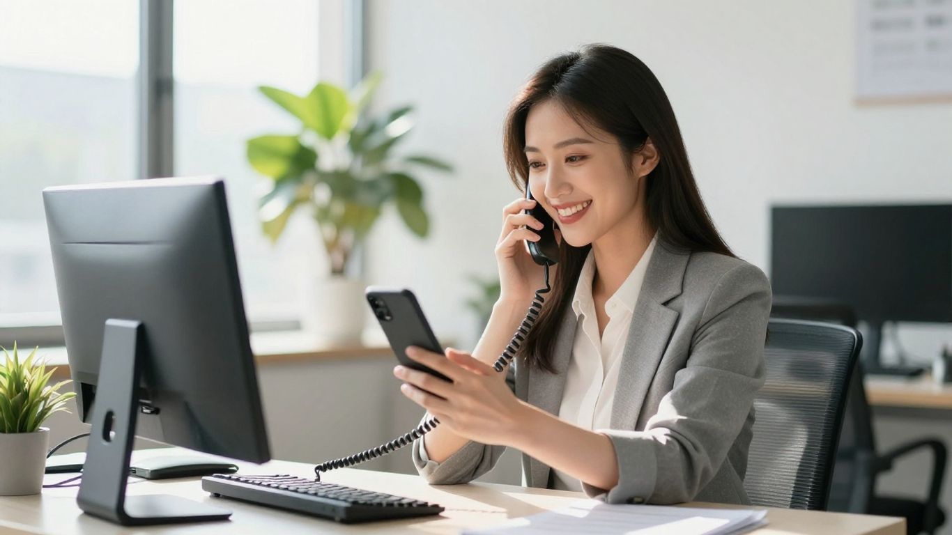 Professional woman answering a phone in an office.