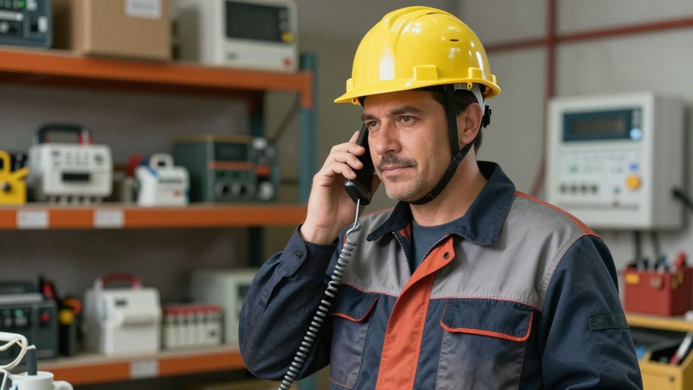 Electrician answering phone, ready for emergencies.
