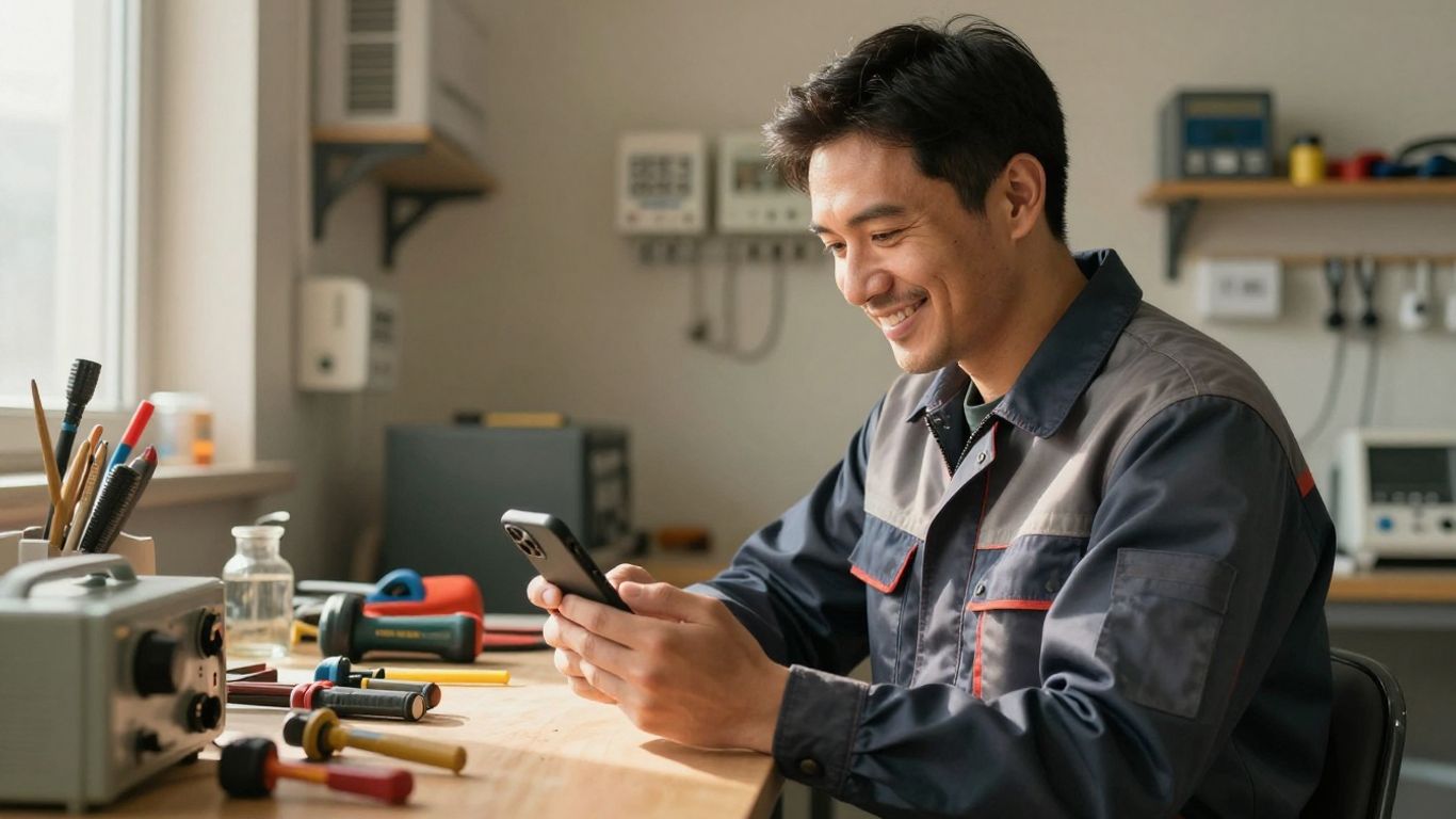 Electrician answering phone in workshop