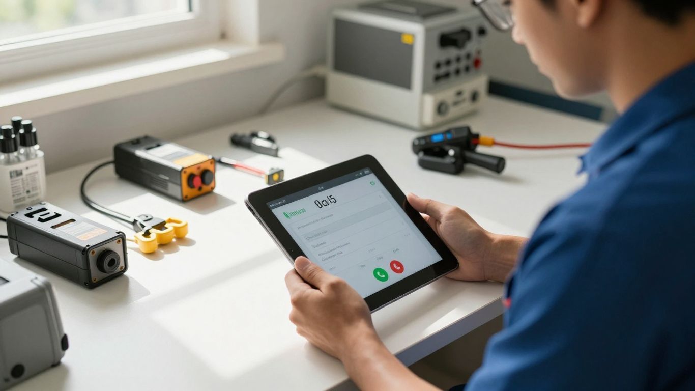 Electrician using a tablet with a call interface.
