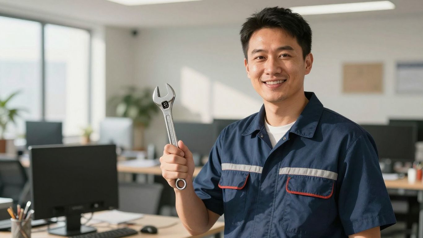 Plumber with wrench, modern office building background.