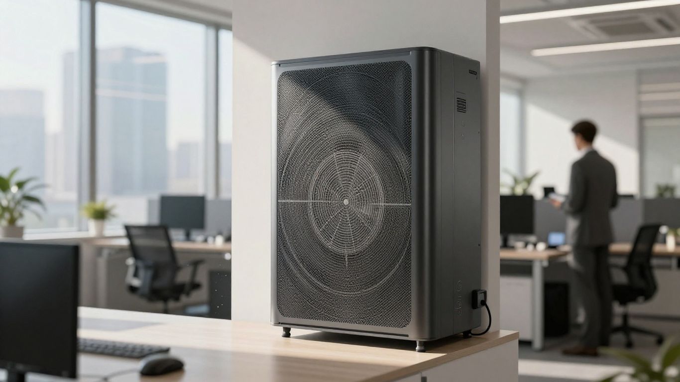 Modern office with HVAC unit and sunlight.