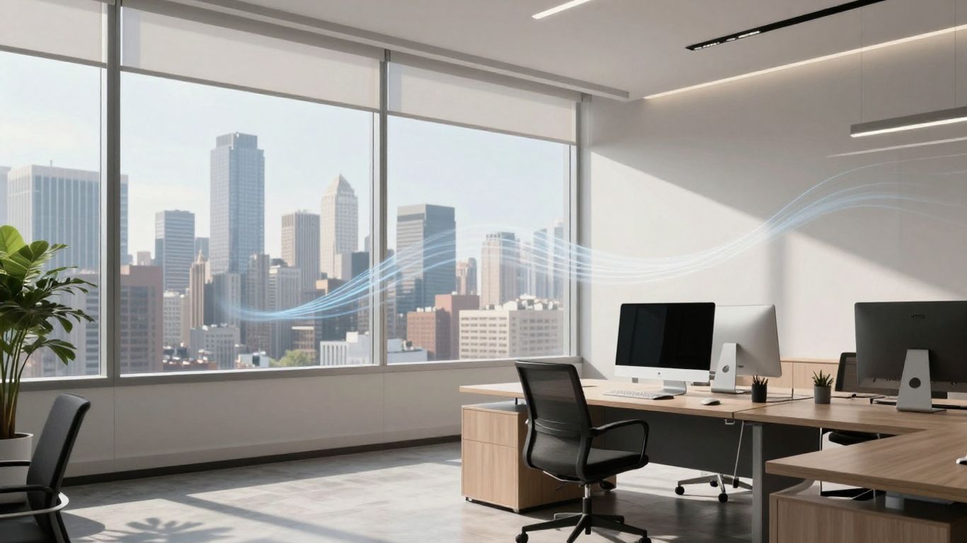 Modern office with city view and subtle air flow