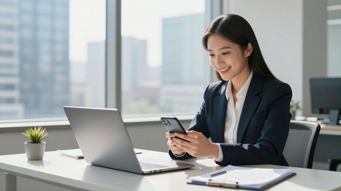 Real estate agent answering phone in office.