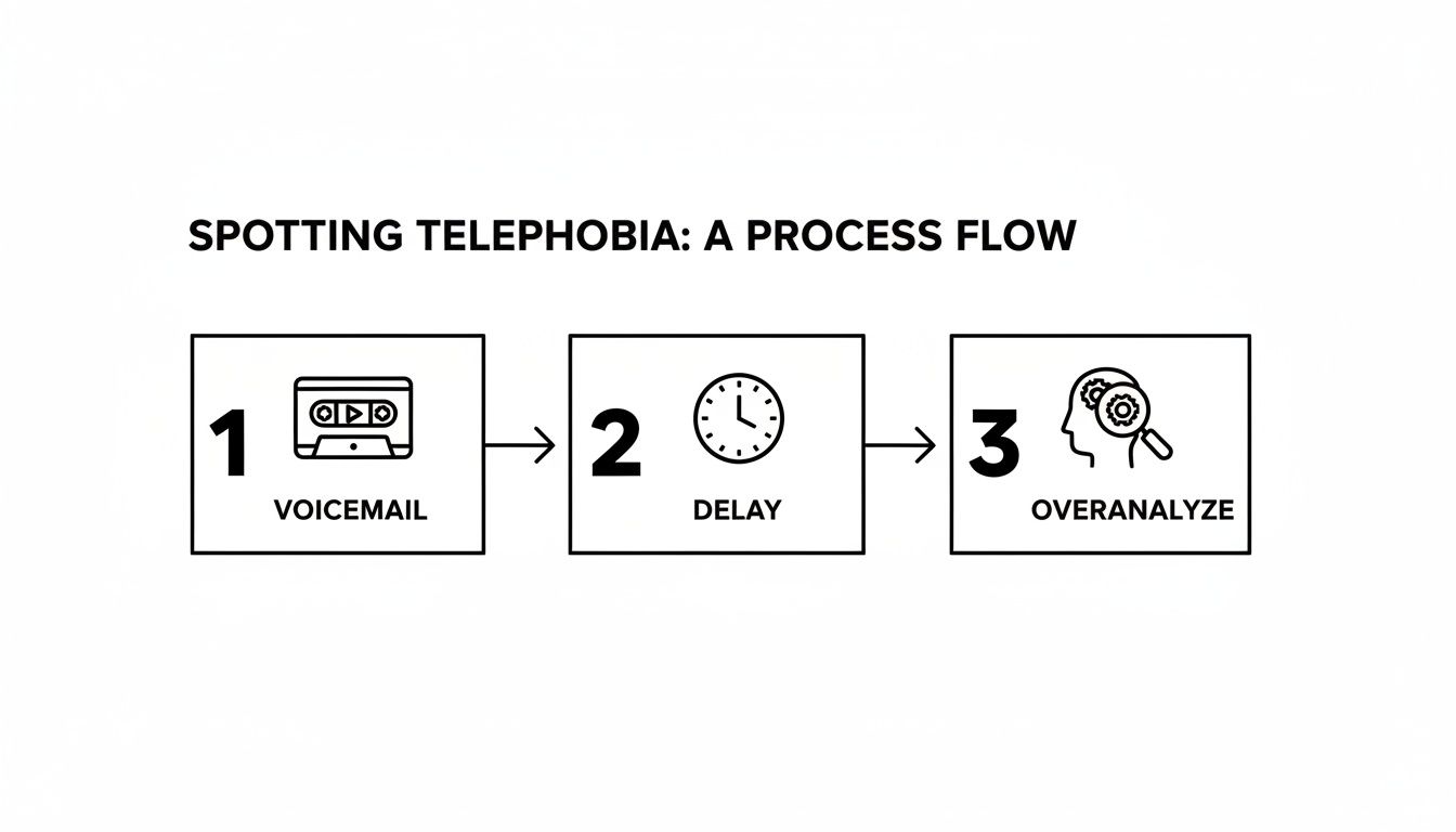 A process flow chart outlining three steps for spotting telephobia: voicemail, delay, and overanalyze.