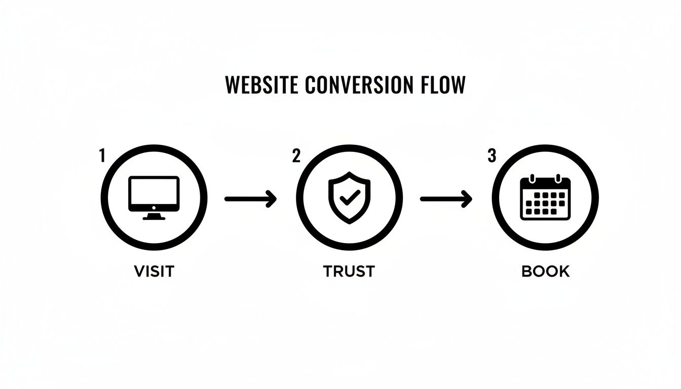 Website conversion flow illustrating three steps: visit, build trust, and book an appointment.