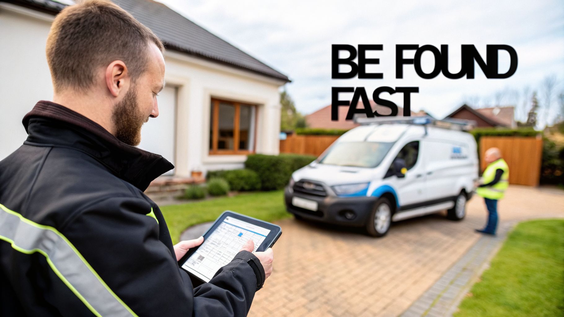A male technician uses a tablet with a white service van parked outside a modern house.
