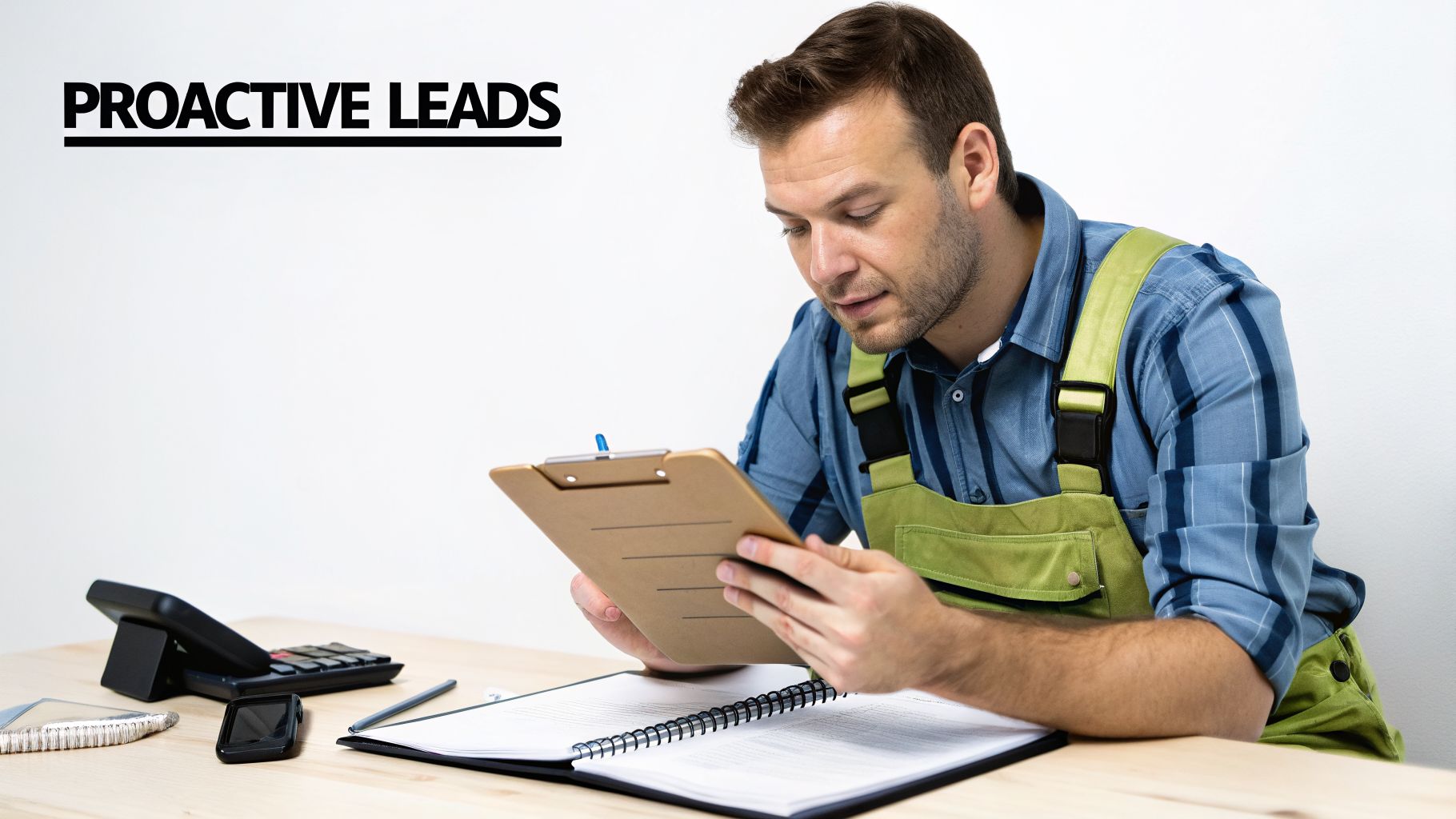 A male electrician or tradesperson reviews 'PROACTIVE LEADS' on a clipboard at his office desk.