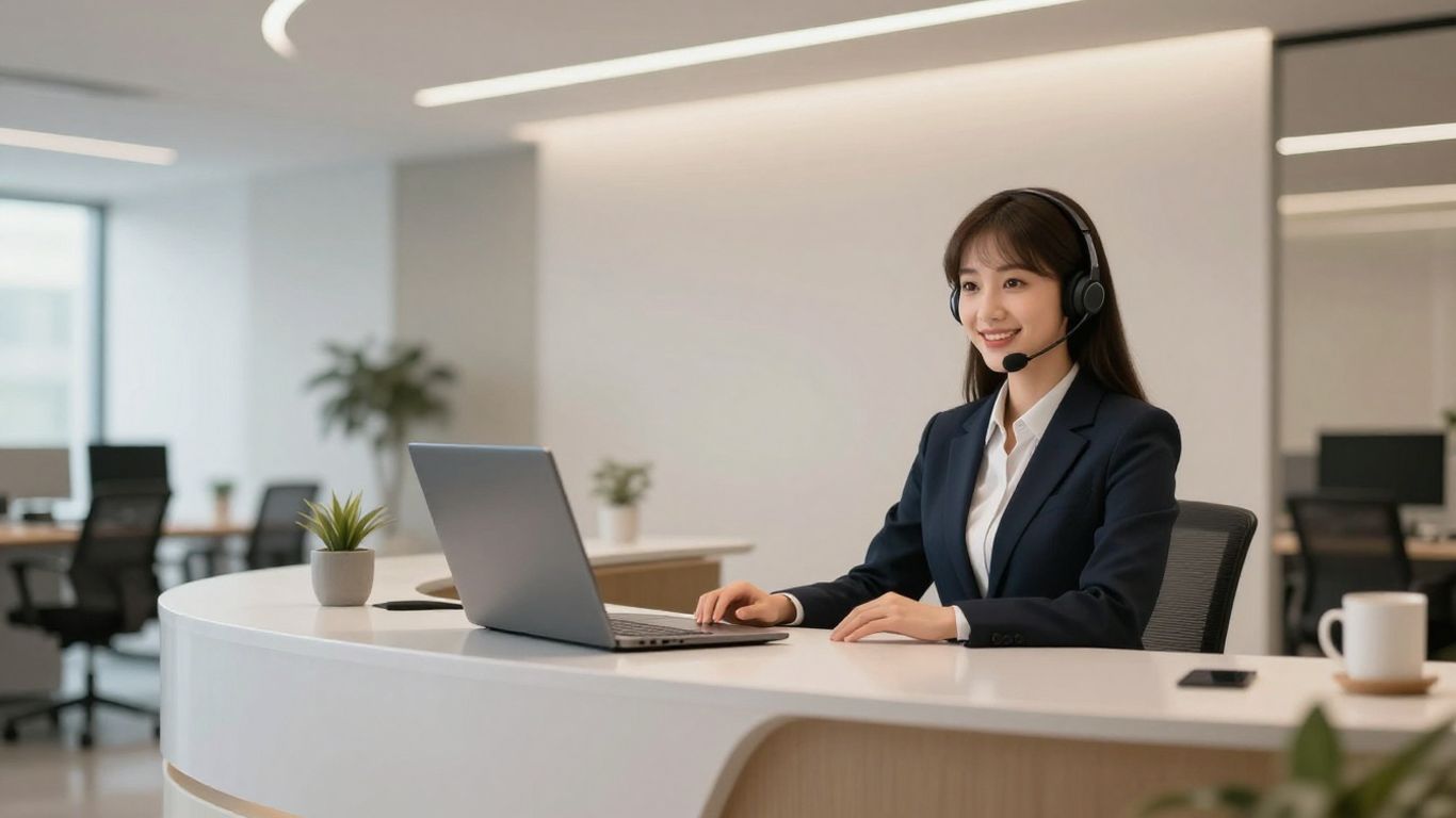 AI virtual receptionist on a screen in an office.