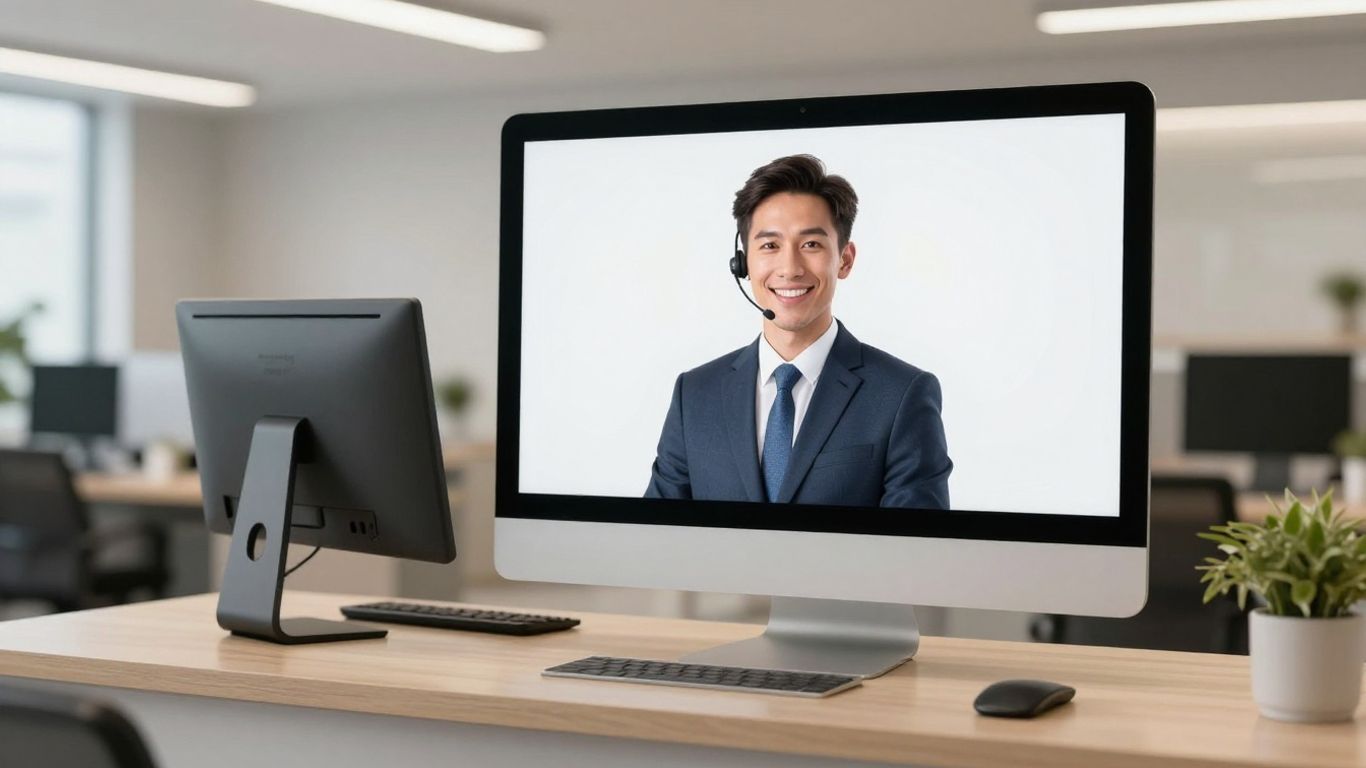 Virtual receptionist avatar on a computer screen in an office.