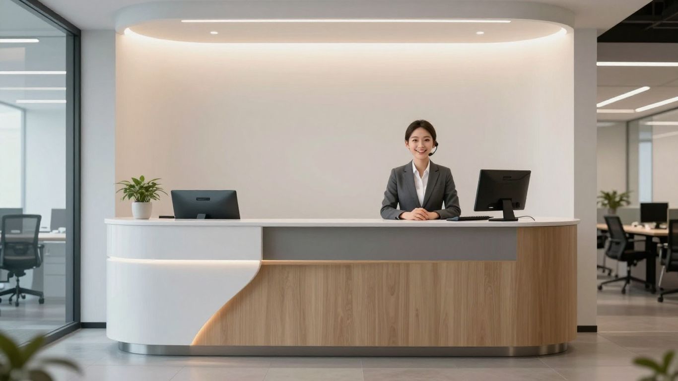 AI virtual receptionist avatar on a screen in an office.