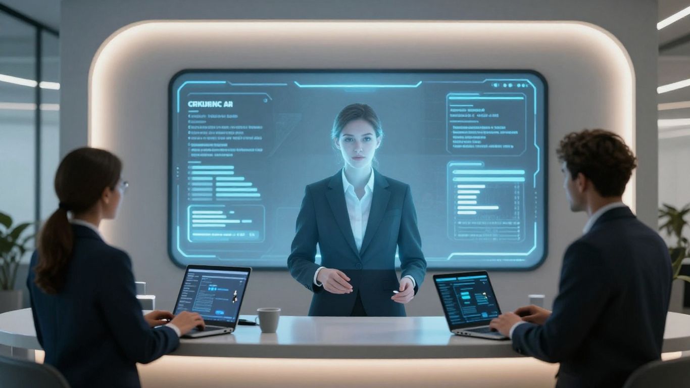AI receptionist interface in a modern office setting.