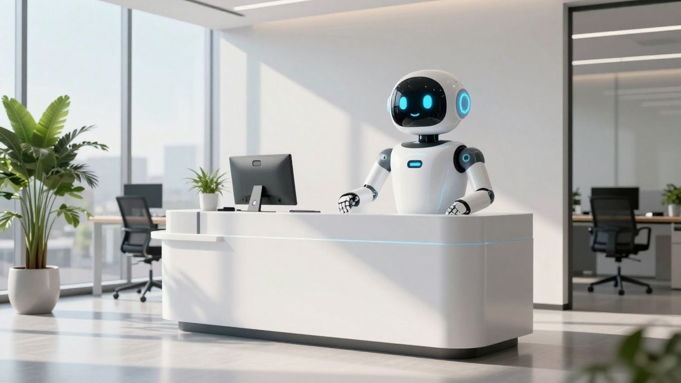 AI receptionist robot in a modern office setting.