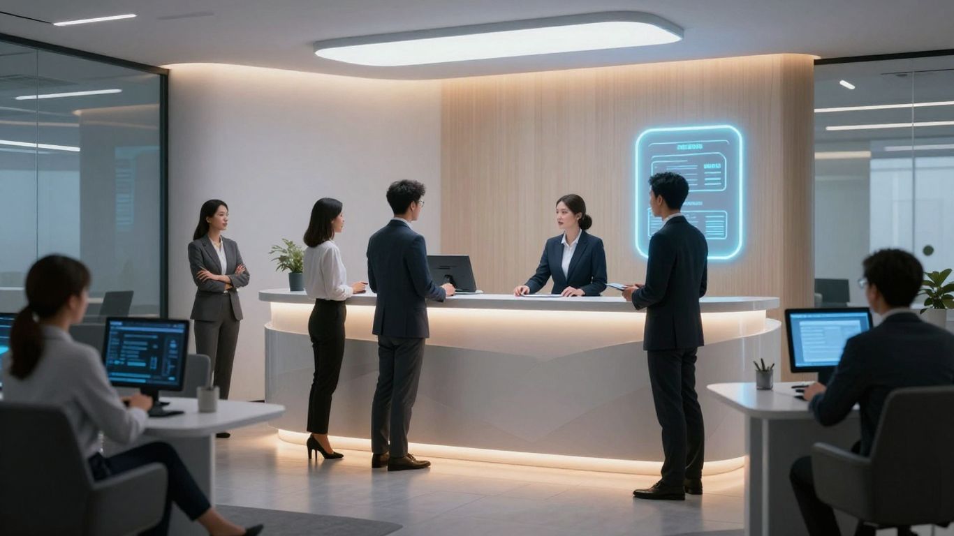AI receptionist interface in a modern office setting.