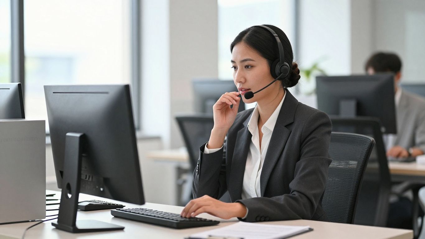 Professional woman using a headset in an office.