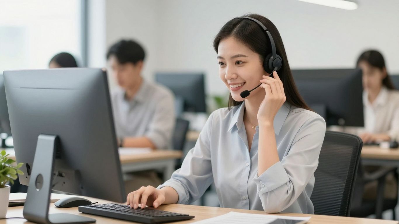 Professional woman using a headset in a modern office.