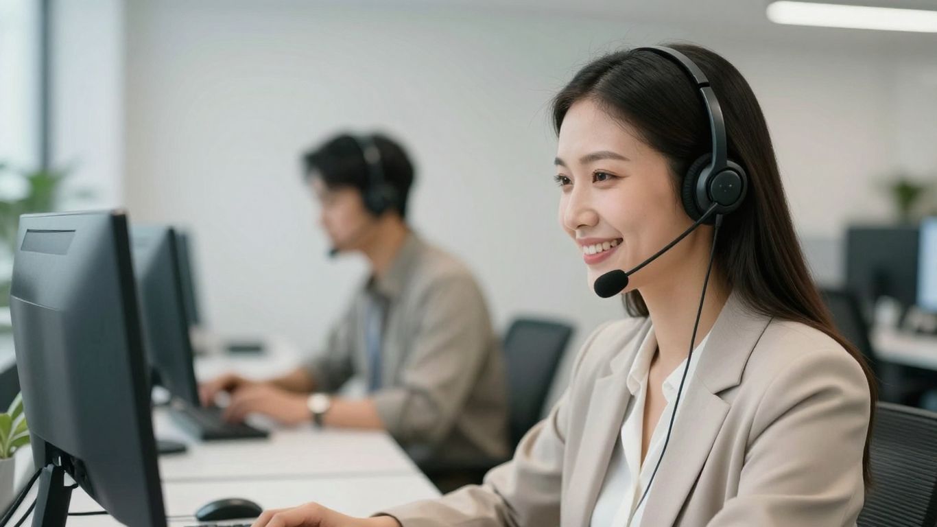 Professional woman with headset in a modern office.